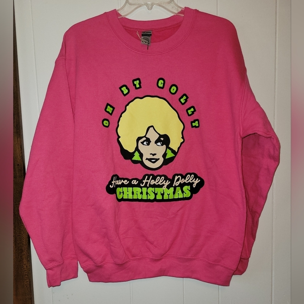 NWT Holly Dolly Parton Christmas hot pink sweatshirt. Vintage Dolly Parton print